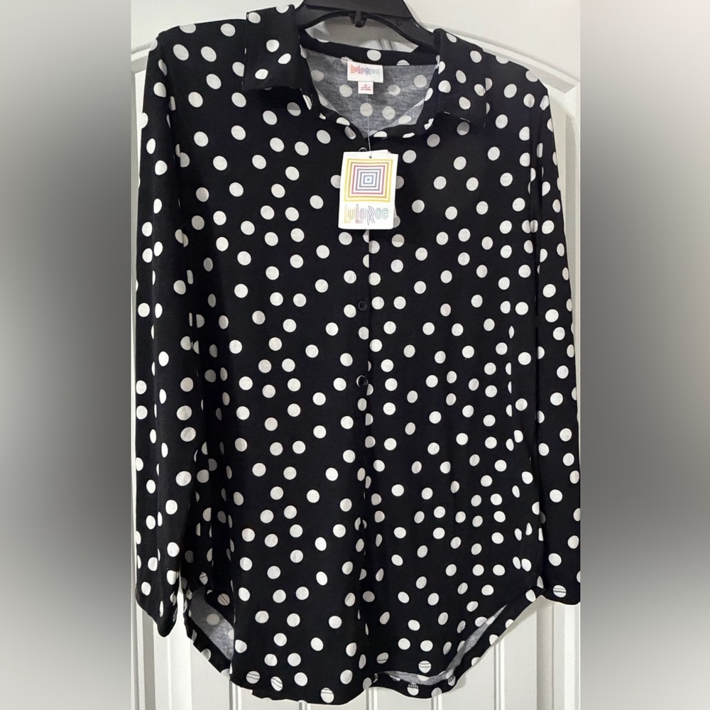 LuLaRoe Black Button Down Shirt with White Polka Dots